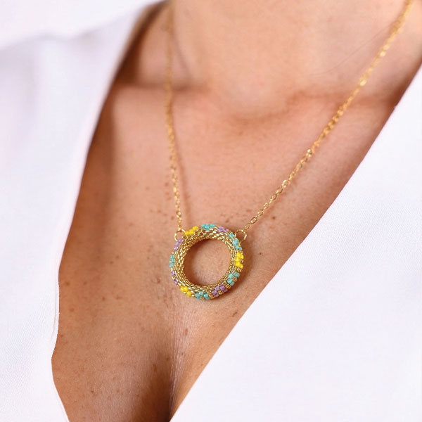 Handmade Miyuki bead necklace and bracelet set in turquoise, yellow, and lavender tones with gold accents and 24K gold plated elements displayed in gift box