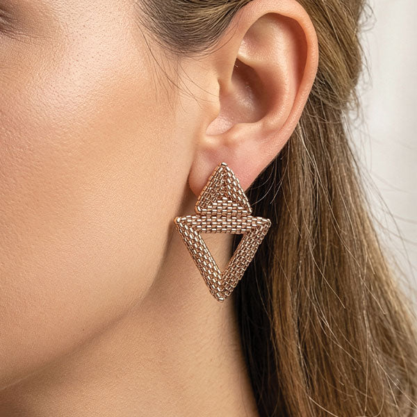 Handmade Miyuki bead triangle earrings in gold tone with geometric design and 24K gold plated elements displayed in gift box