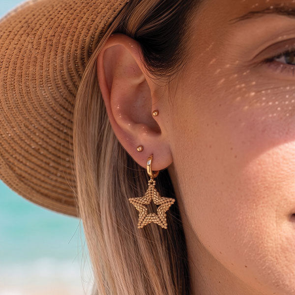 Handmade Miyuki bead star earrings in gold tones with layered geometric design and 24K gold plated elements