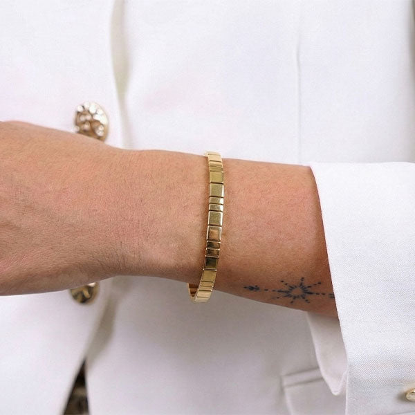 Handmade Miyuki Tila bead bracelet fully accented with 24K gold-plated flat square beads