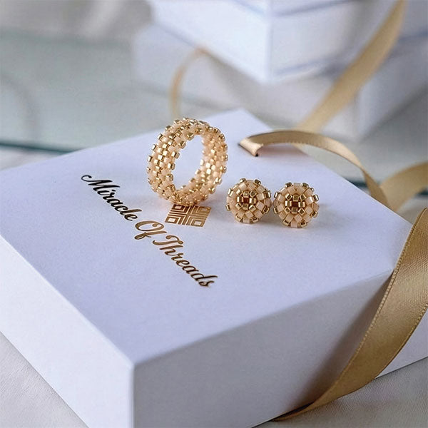 golden bloom handmade miyuki ring and earrings set 24k gold plated