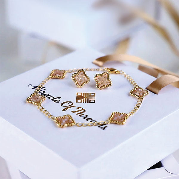 blush quartz handmade miyuki bracelet and earrings set 24k gold plated