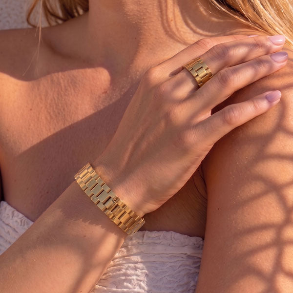 Handmade gold Tila bead bracelet and matching ring with 24K gold plated beads worn together