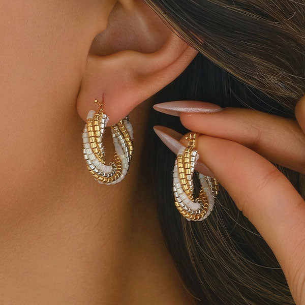 Handmade Miyuki bead hoop earrings in gold, ivory, and silver tones with 24K gold plated elements displayed in gift box