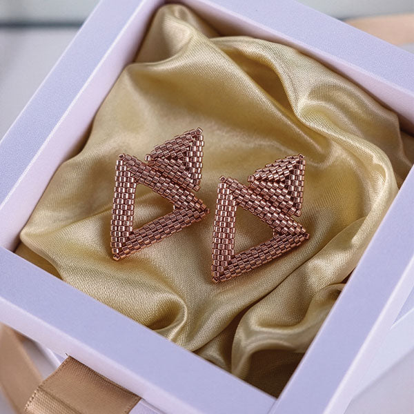 Handmade Miyuki bead triangle earrings in gold tone with geometric design and 24K gold plated elements displayed in gift box