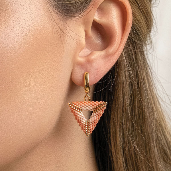 Handmade Miyuki bead triangle earrings in blush, ivory, and gold tones with 24K gold plated elements and hoop closure