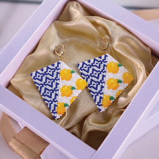 Handmade Miyuki bead earrings with blue geometric pattern and yellow lemon motifs featuring 24K gold plated elements