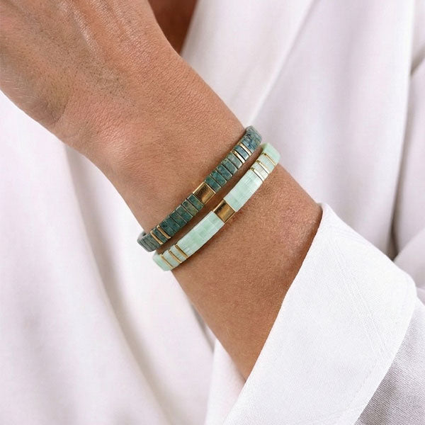 Handmade Miyuki Tila bead bracelet set with mint and green tones and 24K gold-plated accents