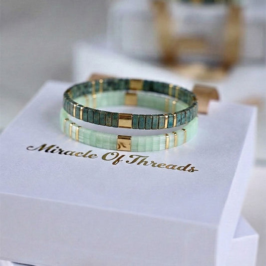 Handmade Miyuki Tila bead bracelet set with mint and green tones and 24K gold-plated accents