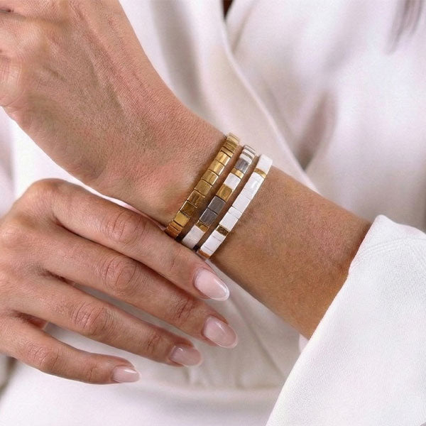 tila bead bracelet set, miyuki tila beads, 24k gold plated jewelry, ivory tila bracelet, white tila bracelet, gold tila bracelet, handmade tila jewelry, bracelet stacking set, minimalist jewelry, japanese glass beads, miracle of threads