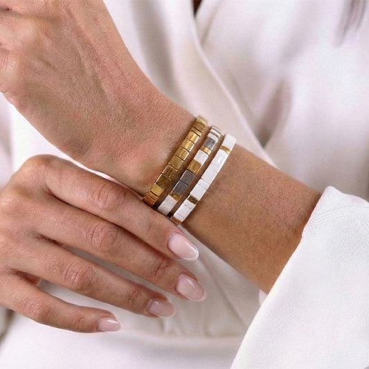 tila bead bracelet set, miyuki tila beads, 24k gold plated jewelry, ivory tila bracelet, white tila bracelet, gold tila bracelet, handmade tila jewelry, bracelet stacking set, minimalist jewelry, japanese glass beads, miracle of threads