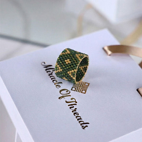 Handmade green and gold Miyuki bead ring
