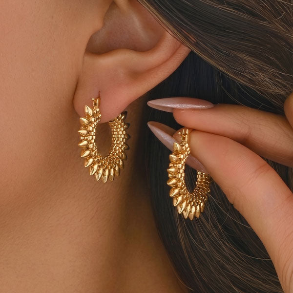Handmade gold Miyuki bead hoop earrings with sunburst design and 24K gold plated details displayed in jewelry gift box